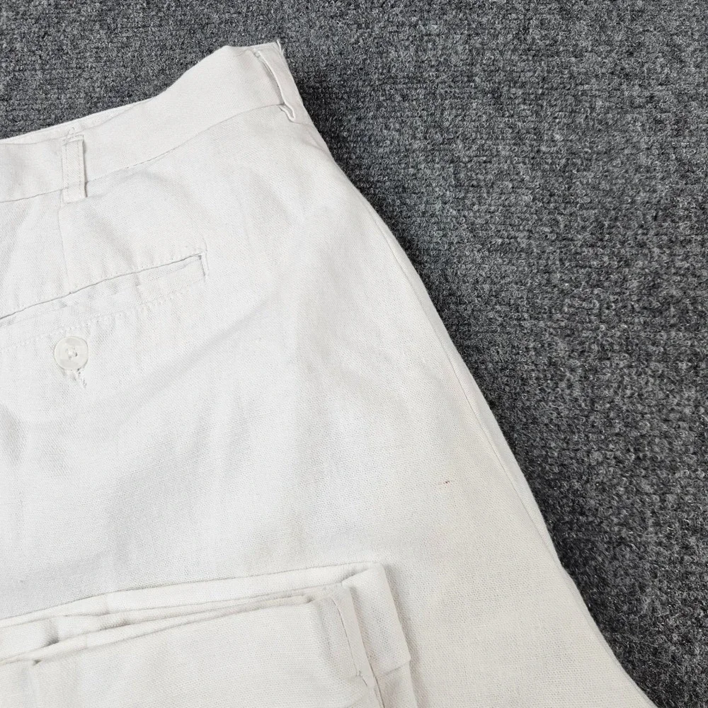 Trust Mens Linen Blend Pleated Cuffed Trousers Off White Cream Actual (34x28)